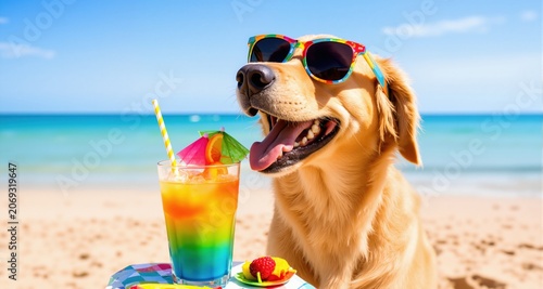 A cheerful dog wearing sunglasses enjoys a colorful drink by the beach, embodying a fun and relaxing summer vibe.
