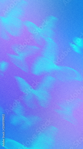 Abstract blurred butterflies with grainy noise effect on vibrant blue, purple, and cyan gradient background. Trendy background template, cover, and wallpaper for social media stories.