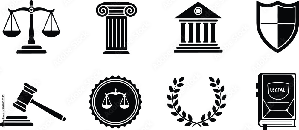 Naklejka premium Set of black and white icons representing legal justice and law symbols isolated on transparent background
