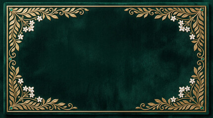 Elegant Emerald Green Velvet Invitation Background with Ornate Gold Floral Frame, White Flowers and Empty Center Space