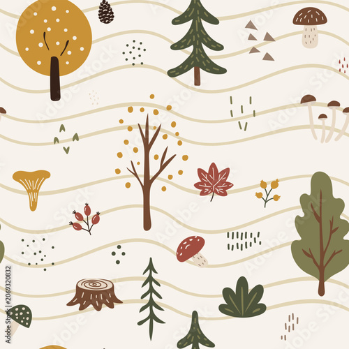 Vászonkép Seamless forest pattern with mixed tree types, mushrooms, leaves