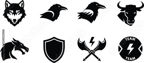 Tableau sur toile Black and white animal symbols featuring wolf head raven crow bull horse shield