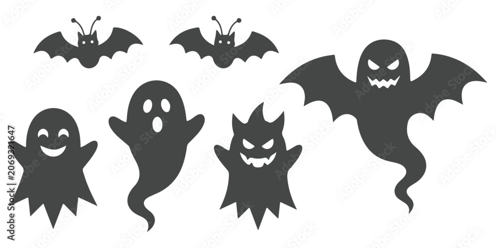 Fototapeta premium Set of halloween ghosts and bats silhouettes isolated on white background