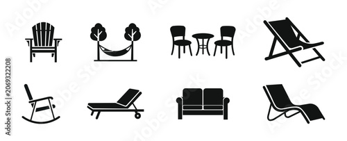 Outdoor Lounge Furniture Icon Set – Garden Chair, Hammock, Patio Table And Relaxation Vector Collection