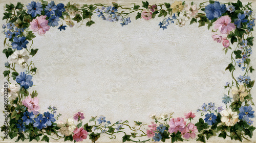 Delicate floral border with romantic blossom and ivy on textured plaster background. Elegant botanical frame with copy space for wedding invitation, greeting card or luxury stationery design.