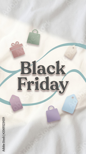 Vertical Black Friday background mockup with floating shopping bags