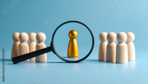 Magnifying glass focusing on a single golden figure amongst a group of wooden figures, symbolizing selection or discovery