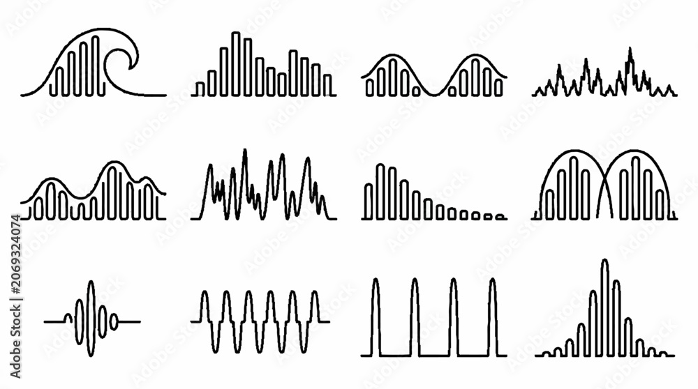 Obraz premium Set of black and white minimalist sound wave icons and audio frequency equalizer symbols.