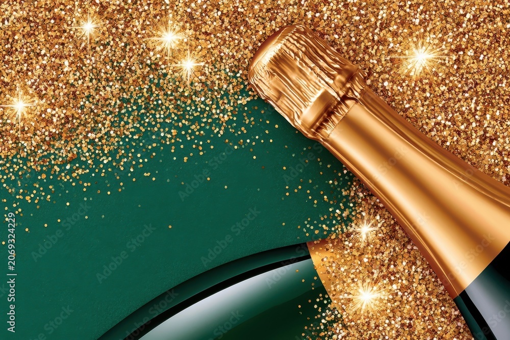 Fototapeta premium Champagne bottle with gold glitter on emerald green background for celebration and luxury