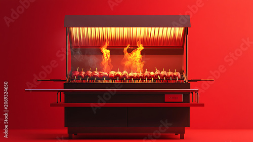 A large industrial grill with flames burning on the top in a studio