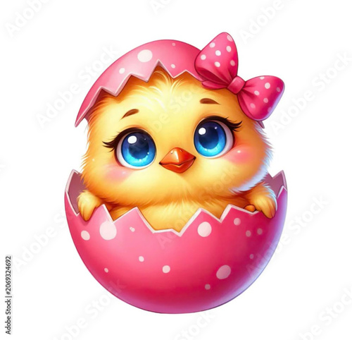 cute baby chick hatching from a pink easter egg 