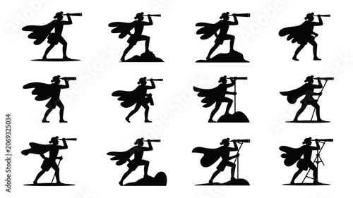 Photos Explorer holding spyglass silhouettes showing different poses of sailor looking at horizon