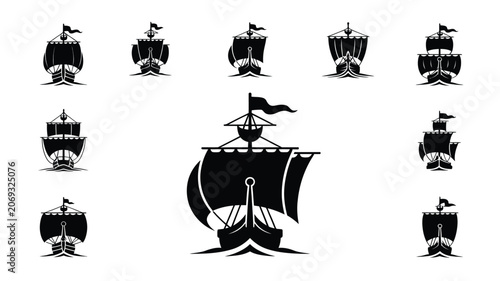 Foto Vintage sailing vessel icons showing various front perspectives of ancient wooden galleons