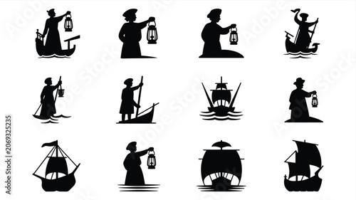 Slika na platnu Voyager with lantern boat ship maritime travel vintage vector illustrations