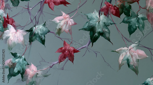 Elegant watercolor botanical background with delicate leaf and branch on soft gray backdrop. Artistic nature illustration with copy space for wallpaper, fabric, stationery or branding.