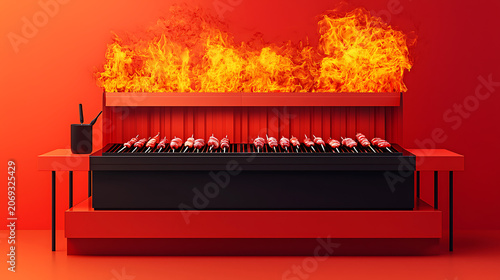A barbecue grill on fire with sausages cooking inside a burning kitchen environment viewed from the front.