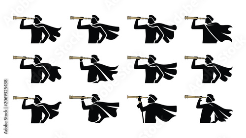 Tableau sur toile Historical explorer silhouette collection with telescope and flowing cape set for logos
