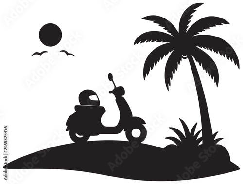 Tropical beach black silhouette with a motor scooter, helmet, palm tree, flying birds, and sun isolated on white background