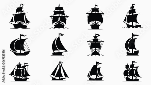 Quadro su tela Set of twelve black ship icons, vintage vessels with sails, historic boat collection