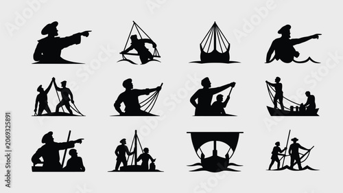Cuadro en lienzo Set of twelve black silhouette illustrations depicting sailors and boats