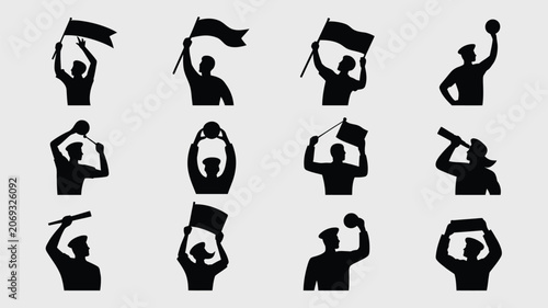 Bild auf Leinwand Twelve black silhouette icons of sailors signaling with flags and objects isolated on white