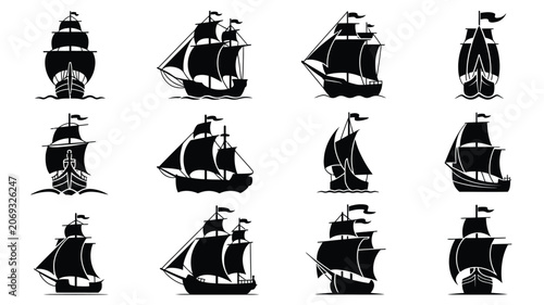 Bild auf Leinwand Historical wooden galleon and caravel silhouettes set for maritime navigation and design