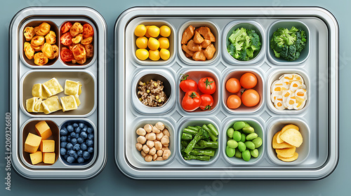 A colorful arrangement of various food items on two metal trays indoors.