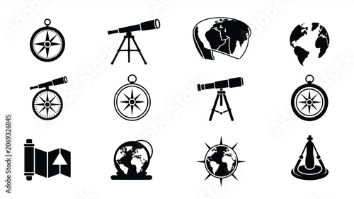 Fotografi Set of black and white vector images of navigational tools and world maps