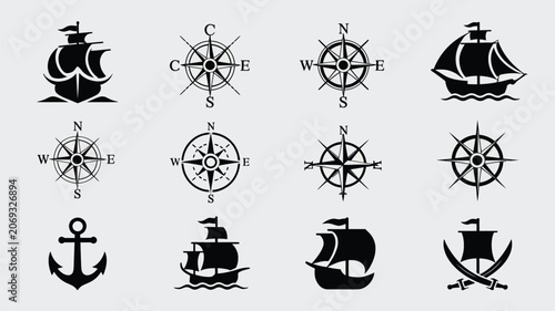 Canvas Print Nautical icons ship compass anchor map.