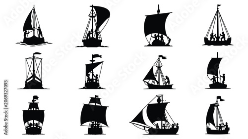 Принти на полотні Antique naval vessel silhouette set with various mast configurations and working crewmen