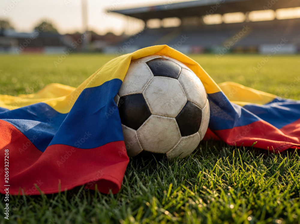 Fototapeta premium Soccer ball draped with colorful flag on green grass at empty stadium during golden hour representing passion and pride in sports culture of Colombia and vibrant atmosphere of football events