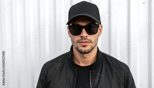 Man wearing sunglasses and baseball cap, looking forward with a neutral expression, urban style clothing