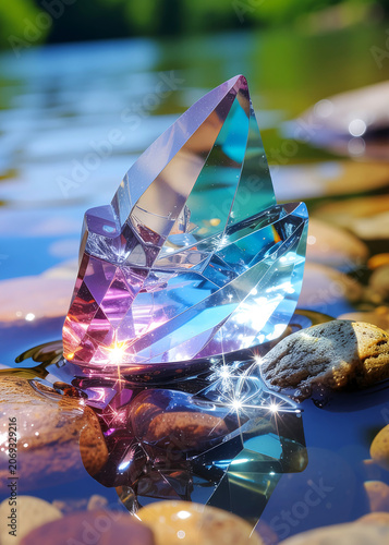 Collection of colorful gemstones and crystals resting in shallow clear water. Sparkling reflections, vibrant colors and natural textures create a luxurious and visually striking background.