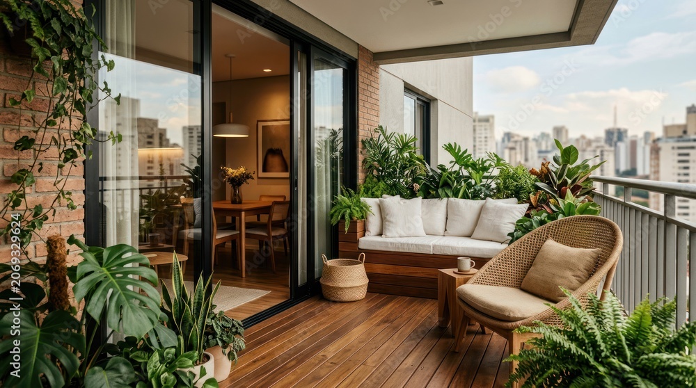 Fototapeta premium Beautifully Decorated Balcony with Lush Greenery and Comfortable Seating.