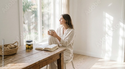 Woman in Robe Enjoying Coffee and Book by Sunlit Window.
