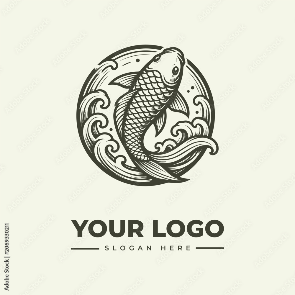 Naklejka premium Vintage style koi fish logo design with circular wave elements for branding.