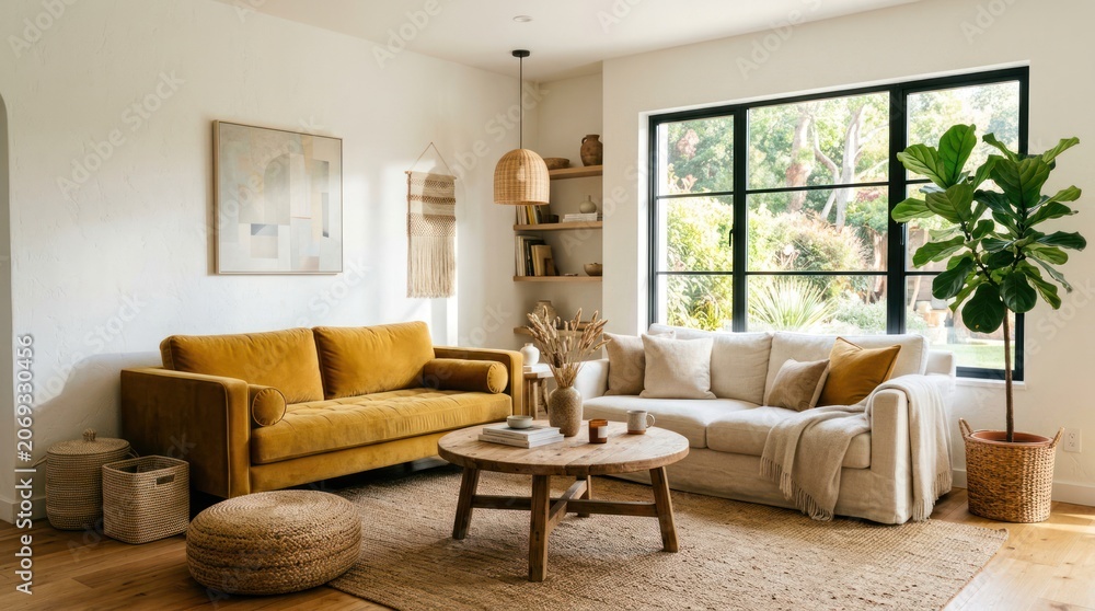 Fototapeta premium Cozy Living Room with Mustard Yellow and Cream Sofas and Natural Wood Accents.