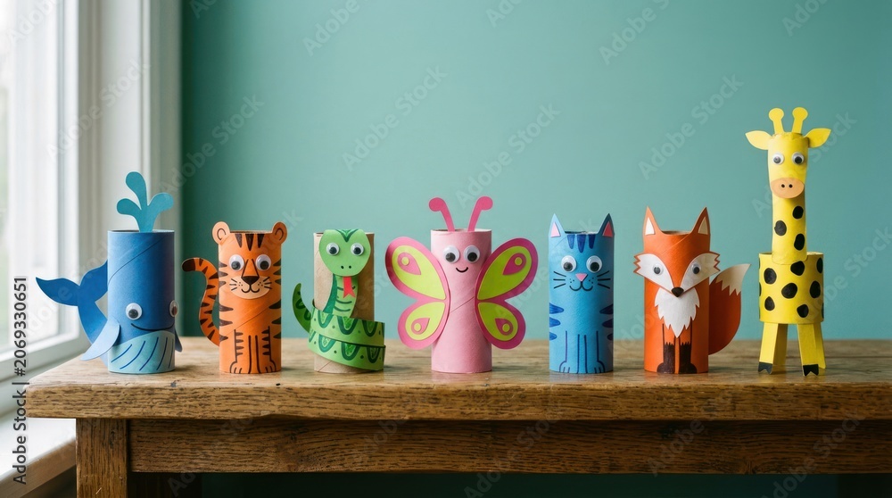 Fototapeta premium Cute Handmade Toilet Paper Roll Animals and Insects Collection.