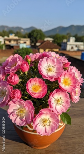 Vibrant Pink Flowers in a Pot on a Rooftop with Village Background.