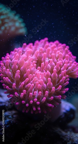 Vibrant pink coral reef anemone underwater ocean life.
