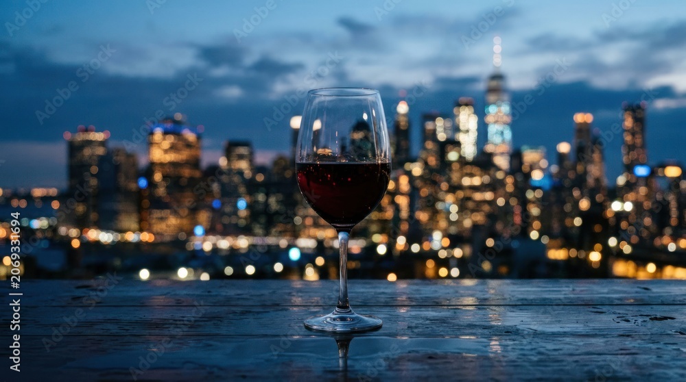 Fototapeta premium Glass of Red Wine Overlooking City Skyline at Dusk.