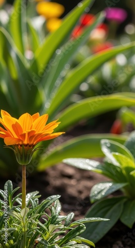 Vibrant Orange Gazania Flower in a Lush Garden Setting.