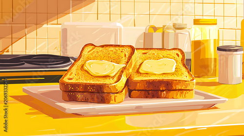 A plate of toasted bread with butter on a kitchen counter indoors