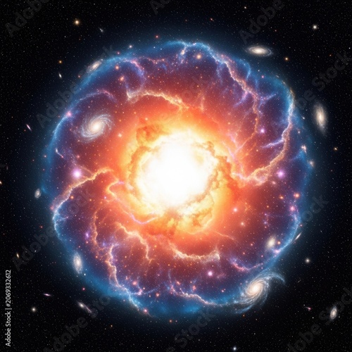 Vibrant Nebula Exploding in Deep Space with Distant Galaxies.