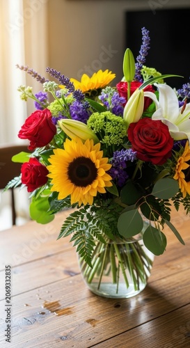 Vibrant Mixed Flower Arrangement with Sunflowers and Roses.
