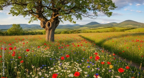 Vibrant Meadow with Poppies and Ancient Tree Under a Summer Sky.