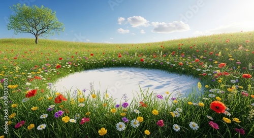 Vibrant Meadow with Circular Pond and Solitary Tree Under Sunny Sky.