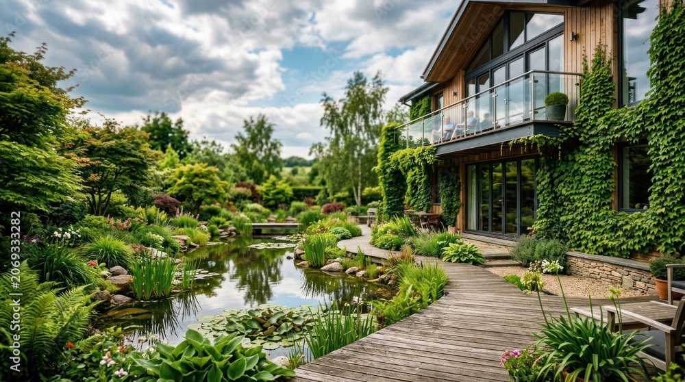 Fototapeta premium Luxurious Modern Home With Lush Japanese Garden And Serene Pond.