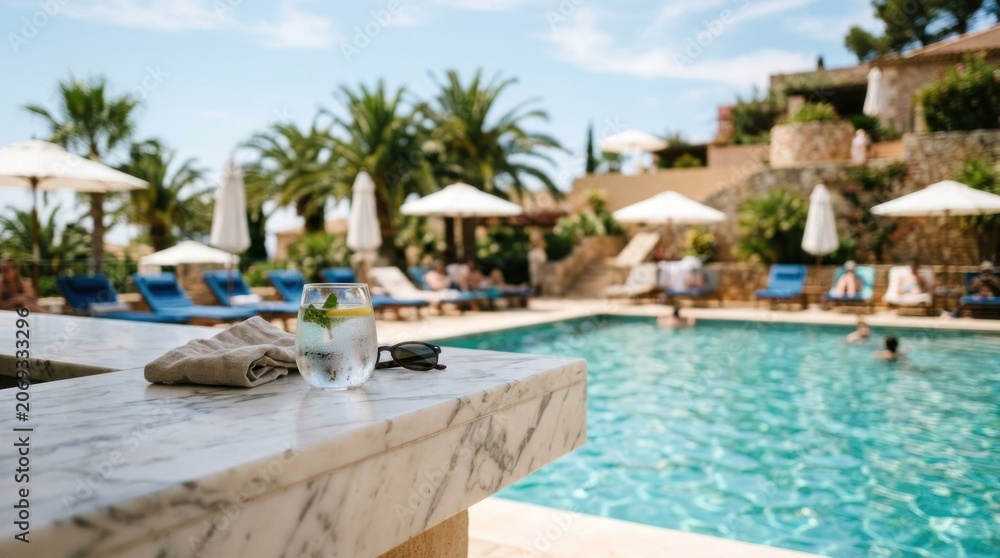 Fototapeta premium Luxury Resort Poolside Bar with Refreshing Drinks and Palm Trees.