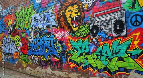 Vibrant graffiti art mural on brick wall with lion and boombox.